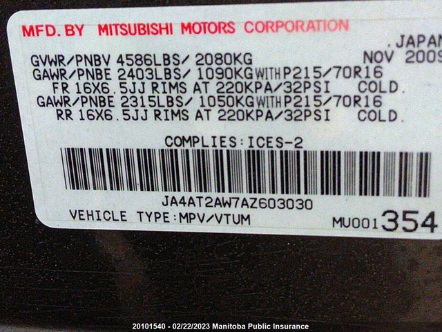JA4AT2AW7AZ603030 Mitsubishi Outlander Es
