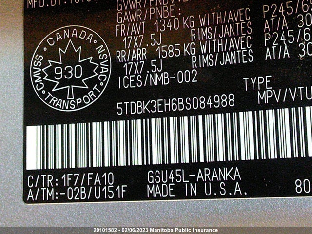 Toyota Highlander V6  2011 5TDBK3EH6BS084988 Image 10