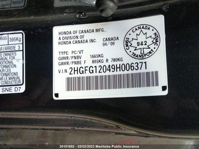 Продажа на аукционе авто 2009 Honda Civic Ex-l, vin: 2HGFG12049H006371, номер лота: 20101692