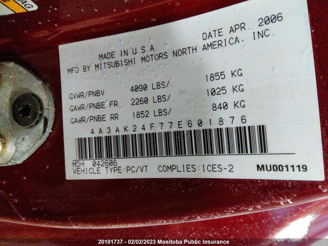 4A3AK24F77E601876 Mitsubishi ECLIPSE GS