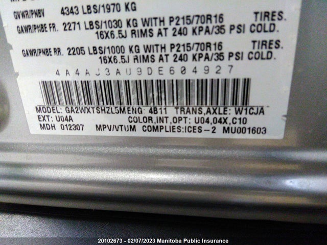 4A4AJ3AU9DE604927 Mitsubishi RVR SE