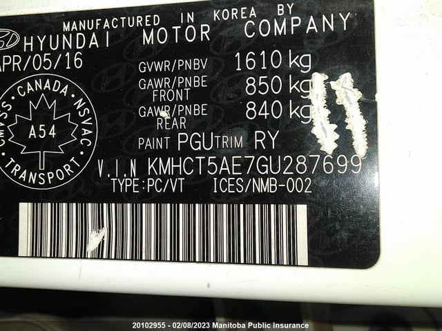 20102955 :رقم المزاد ، KMHCT5AE7GU287699 vin ، 2016 Hyundai Accent Gl مزاد بيع