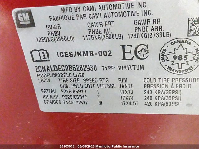 Chevrolet EQUINOX LT 2011 2CNALDEC0B6282930 Image 10