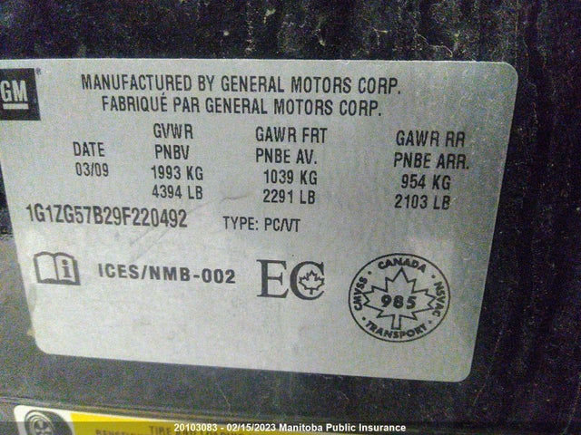 Chevrolet MALIBU LS 2009 1G1ZG57B29F220492 Image 10