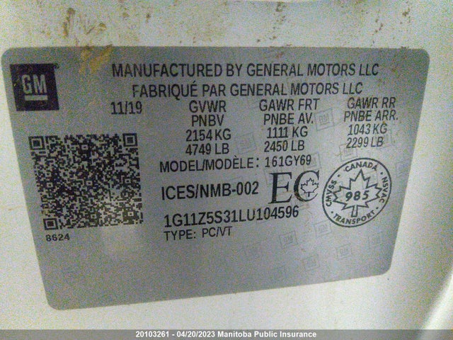 Chevrolet Impala Lt V6  2020 1G11Z5S31LU104596 Image 10