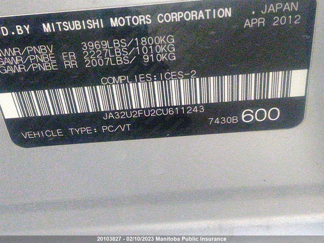 JA32U2FU2CU611243 Mitsubishi Lancer Se