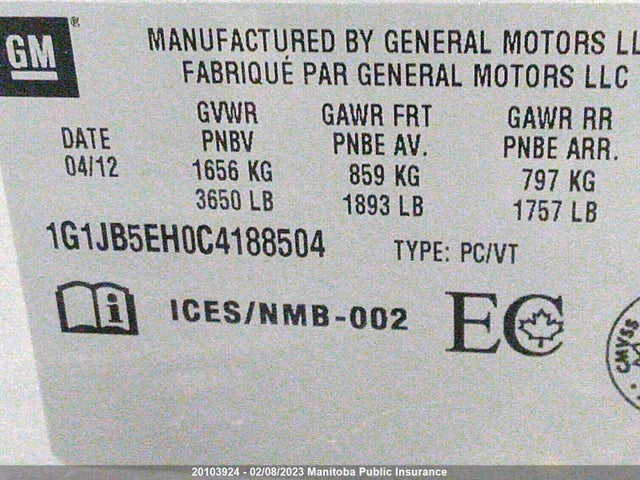 Chevrolet SONIC LS 2012 1G1JB5EH0C4188504 Image 10