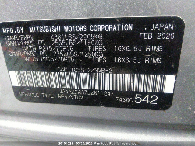 JA4AZ2A37LZ611247 Mitsubishi Outlander Es