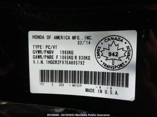 Honda Accord Touring 2014 1HGCR2F97EA805792 Image 9