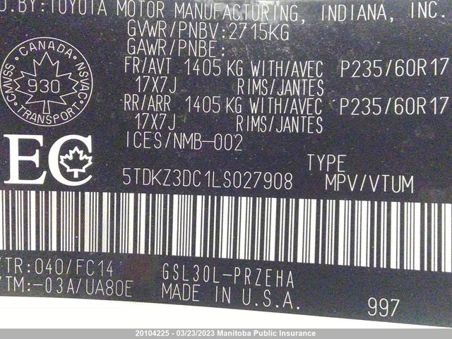 Toyota Sienna Le V6  2020 5TDKZ3DC1LS027908 Image 10