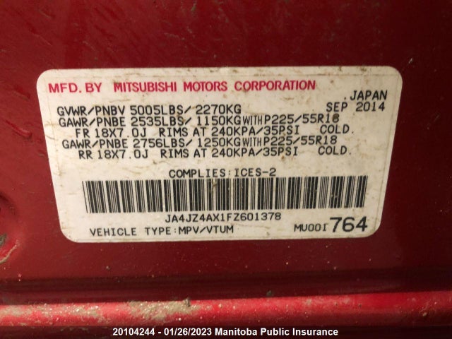 JA4JZ4AX1FZ601378 Mitsubishi OUTLANDER GT