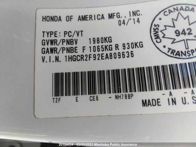 Honda Accord Touring 2014 1HGCR2F92EA809636 Image 10