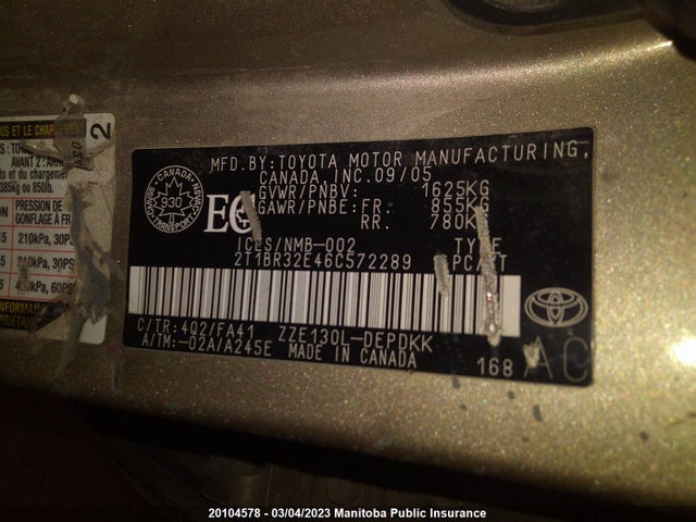 Toyota COROLLA CE 2006 2T1BR32E46C572289 Image 10