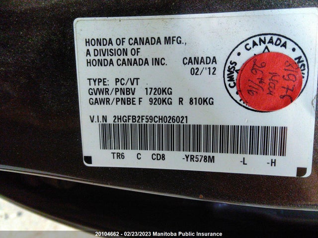 Honda CIVIC EX 2012 2HGFB2F59CH026021 Image 10