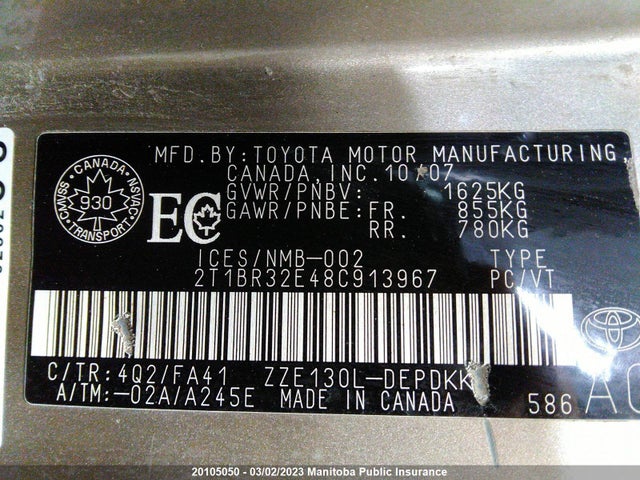 Toyota COROLLA CE 2008 2T1BR32E48C913967 Image 10