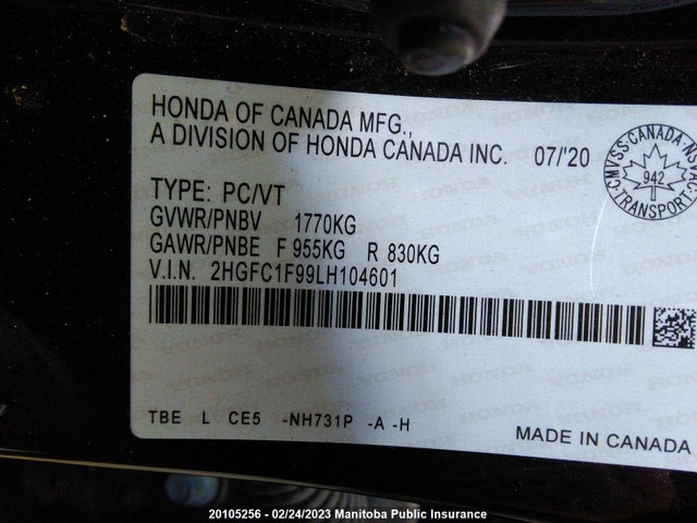 20105256 :رقم المزاد ، 2HGFC1F99LH104601 vin ، 2020 Honda Civic Touring مزاد بيع