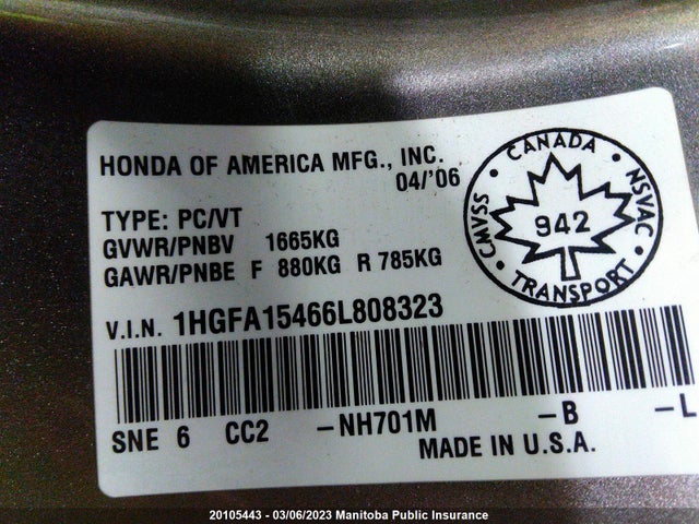 Honda Civic Lx 2006 1HGFA15466L808323 Image 10
