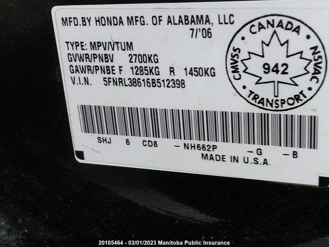 Honda Odyssey Ex-l  2006 5FNRL38616B512398 Image 10