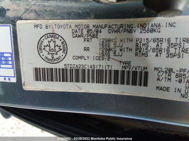 Toyota Sienna Le V6  2004 5TDZA23C14S171171 Image 10