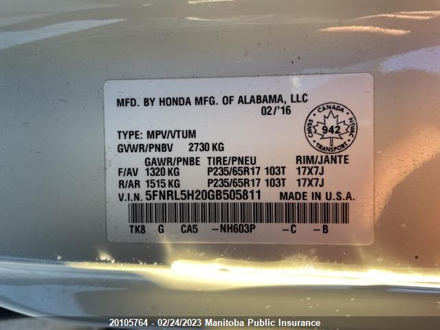 Honda ODYSSEY LX 2016 5FNRL5H20GB505811 Image 9