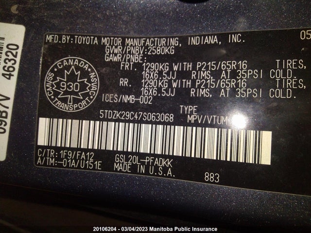 Toyota Sienna Le V6  2007 5TDZK29C47S063068 Image 10