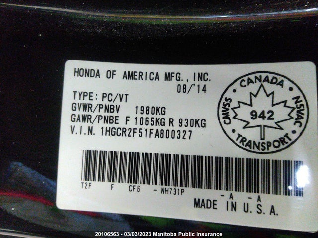 Honda Accord Sport 2015 1HGCR2F51FA800327 Image 10