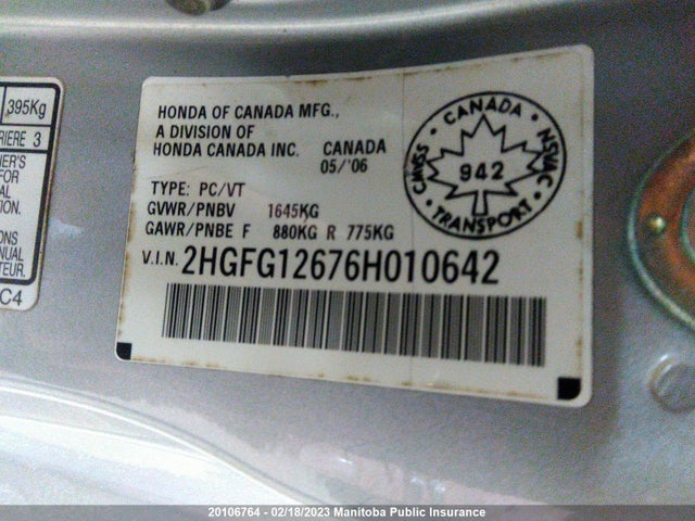 Honda Civic Lx 2006 2HGFG12676H010642 Image 10