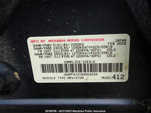 JA4MT41X18Z604234 Mitsubishi Outlander Xls