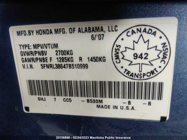 Honda Odyssey Ex-l  2007 5FNRL38647B510999 Image 10
