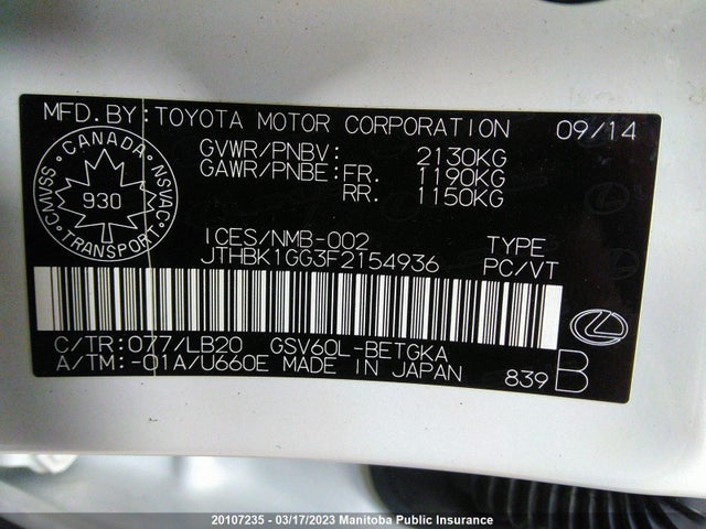JTHBK1GG3F2154936 Lexus ES 350