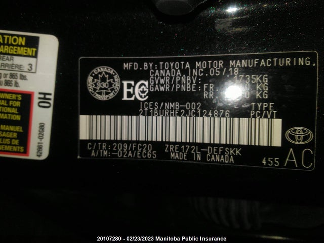 Toyota COROLLA SE 2018 2T1BURHE2JC124876 Image 10