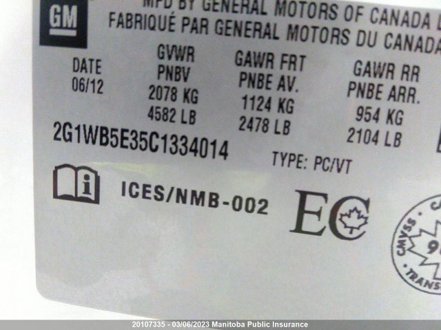 Chevrolet Impala Lt V6  2012 2G1WB5E35C1334014 Image 10