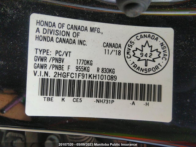 Honda Civic Touring 2019 2HGFC1F91KH101089 Image 10