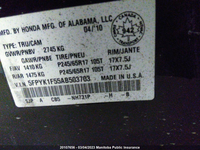 Honda Ridgeline Dx 2010 5FPYK1F55AB503703 Image 10