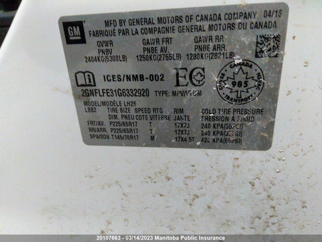 Chevrolet Equinox Lt V6  2016 2GNFLFE31G6332920 Image 9