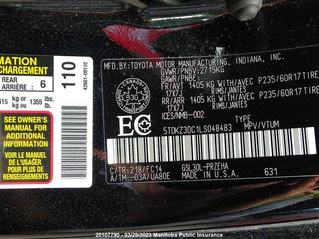 Toyota Sienna Le V6  2020 5TDKZ3DC1LS048483 Image 10