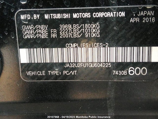 JA32U2FU1GU604225 Mitsubishi Lancer Se