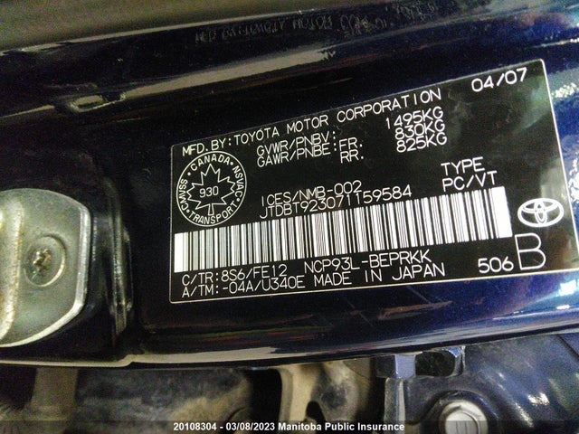 Aukcja sprzedaży 2007 Toyota Yaris, vin: JTDBT923071159584, numer aukcji: 20108304