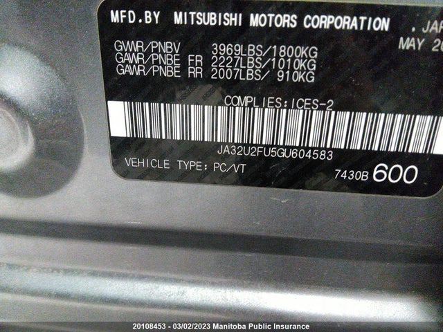 JA32U2FU5GU604583 Mitsubishi Lancer Se