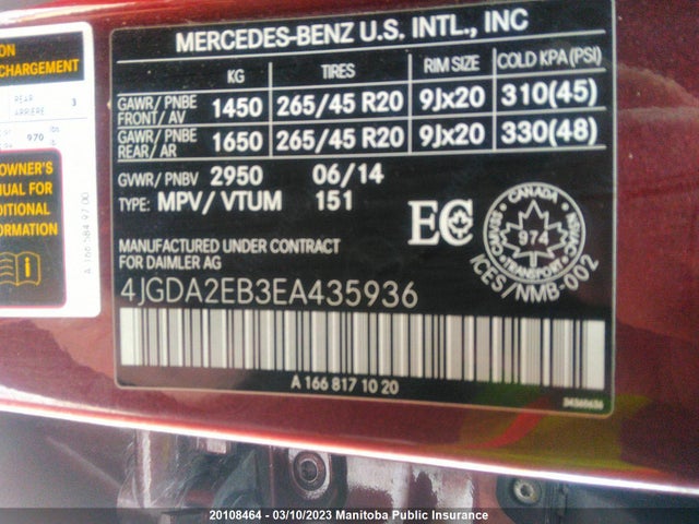 Mercedes Benz Ml350 Bluetec  2014 4JGDA2EB3EA435936 Image 10