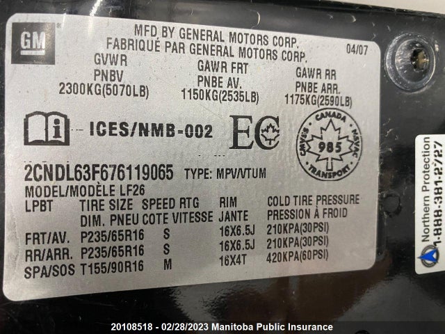 Chevrolet Equinox Lt V6  2007 2CNDL63F676119065 Image 10