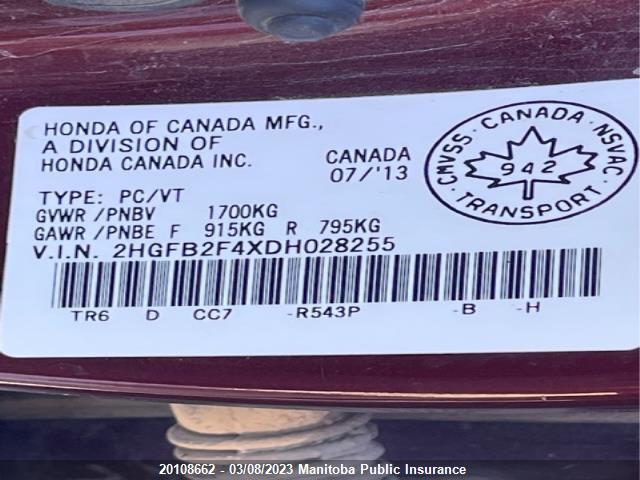 Honda Civic Lx 2013 2HGFB2F4XDH028255 Image 9