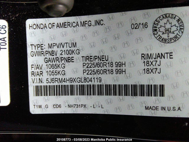 Honda Cr-v Touring 2016 5J6RM4H9XGL804119 Image 9