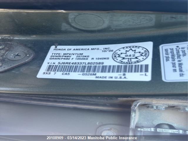 Honda CR-V LX 2007 5J6RE48337L802589 Image 9