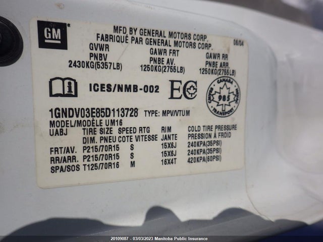 Chevrolet Venture Ext  2005 1GNDV03E85D113728 Image 8