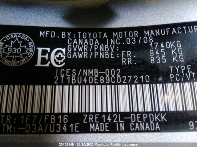 Toyota Corolla S 2009 2T1BU40E89C027210 Image 10