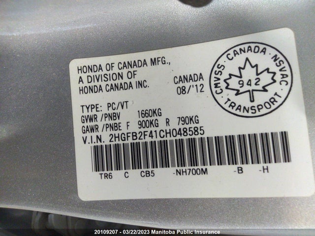 Honda Civic Lx 2012 2HGFB2F41CH048585 Image 10