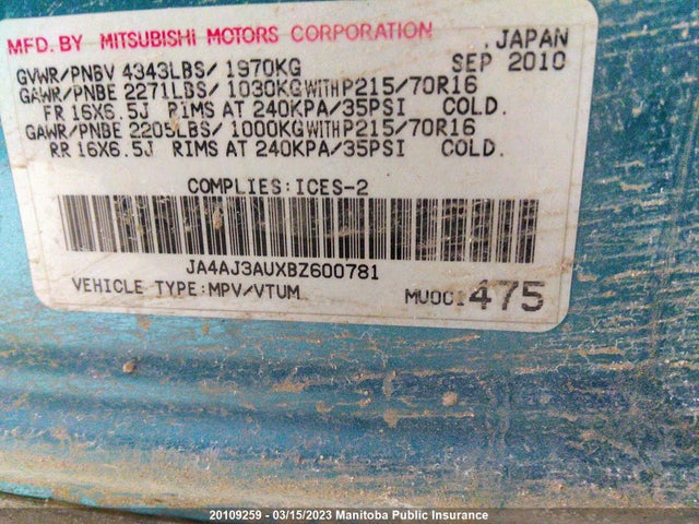 JA4AJ3AUXBZ600781 Mitsubishi RVR SE