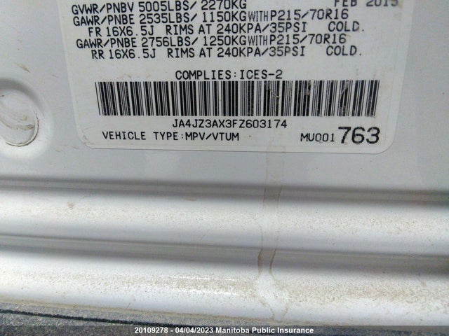 JA4JZ3AX3FZ603174 Mitsubishi Outlander Se