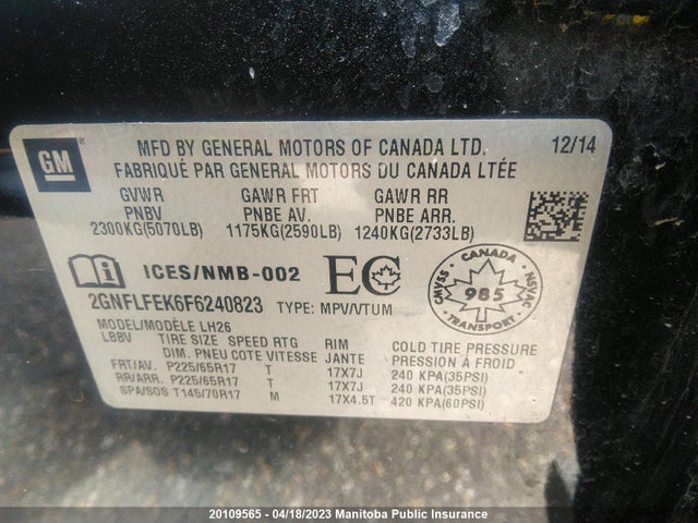 Chevrolet EQUINOX LT 2015 2GNFLFEK6F6240823 Image 9